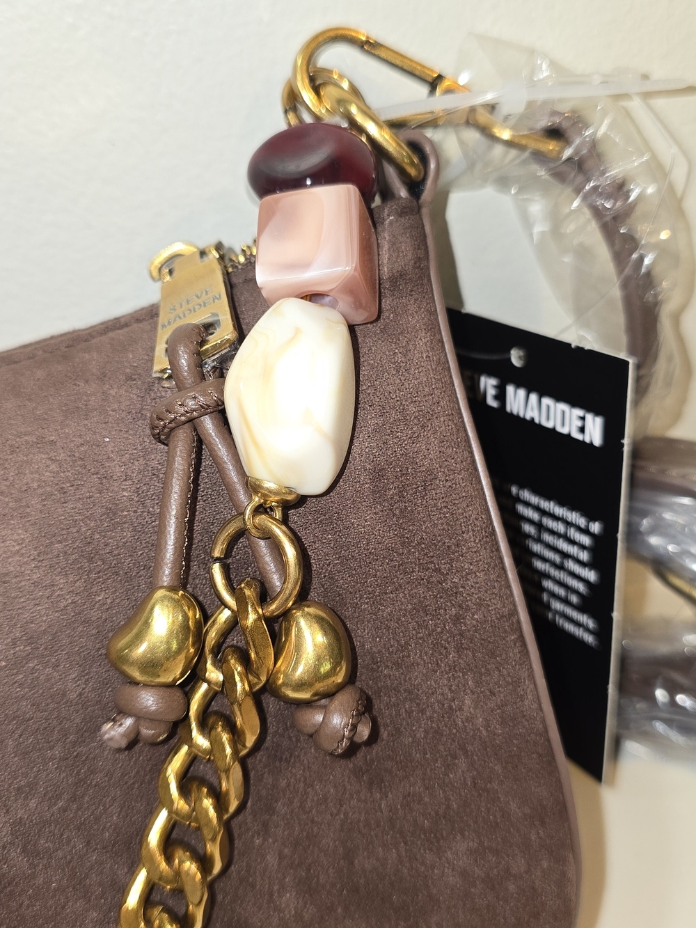 Steve Madden Taupe Suede Shoulder Bag with Gold Chain - Picture 2 of 5